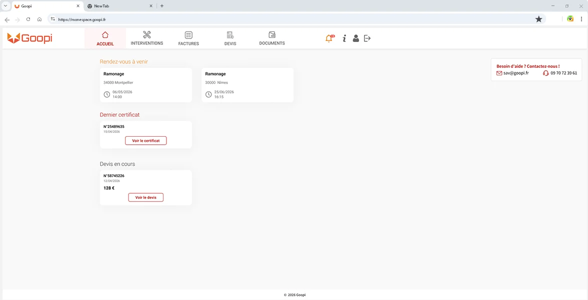 Aperçu de l'espace client web Goopi